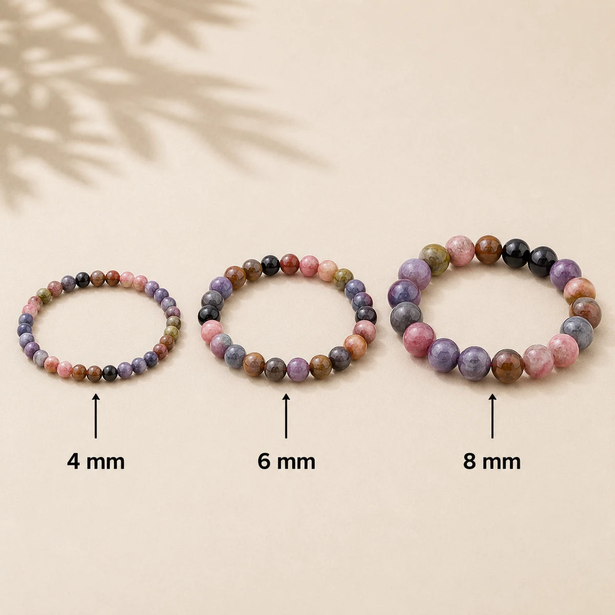 Turmalin Armband rund – Übersicht der Perlengrößen 4 mm, 6 mm und 8 mm