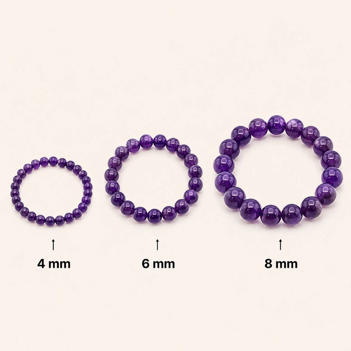 Amethyst Armband rund – Übersicht der Perlengrößen 4 mm, 6 mm und 8 mm