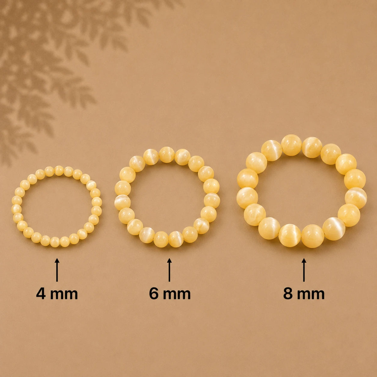 Gelber Muschelstein Armband rund – Übersicht der Perlengrößen 4 mm, 6 mm und 8 mm