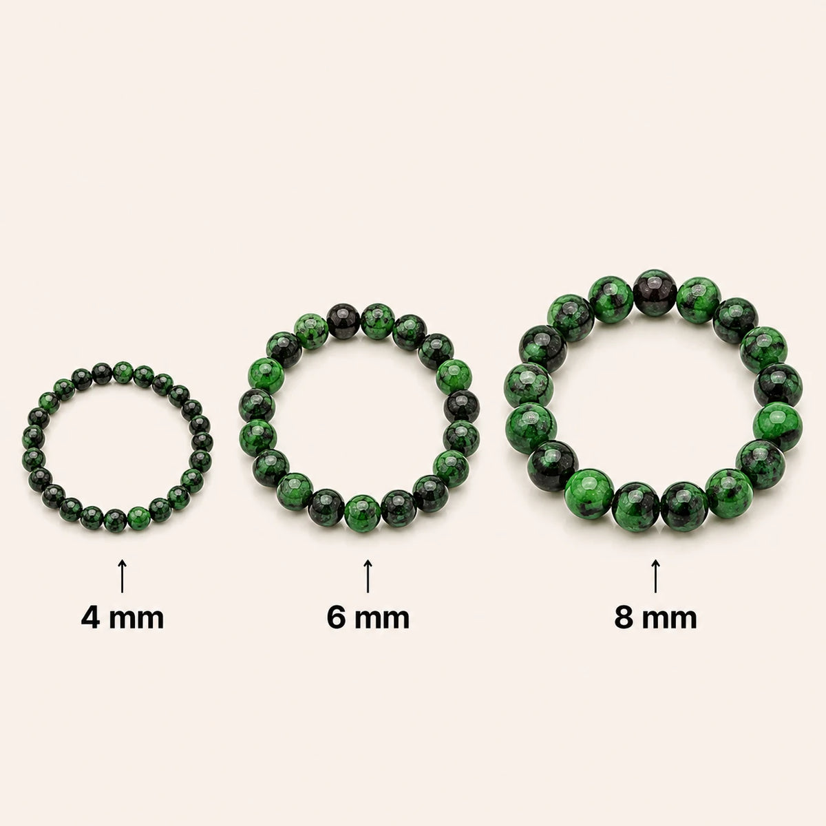 Rubin-Zoisit Armband rund – Übersicht der Perlengrößen 4 mm, 6 mm und 8 mm