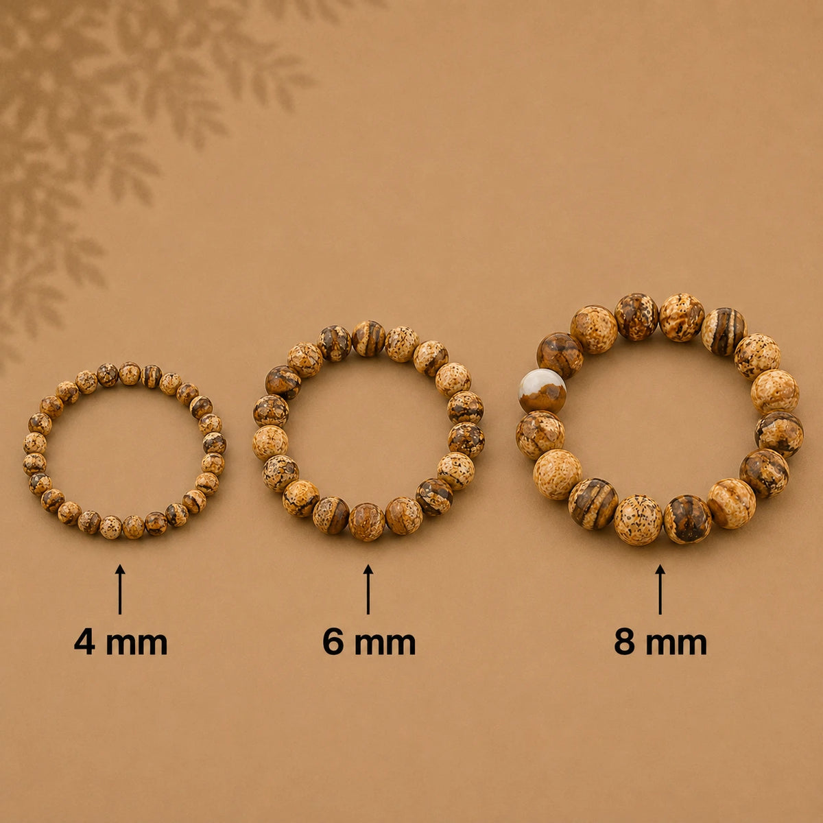 Bilderjaspis Armband rund – Übersicht der Perlengrößen 4 mm, 6 mm und 8 mm