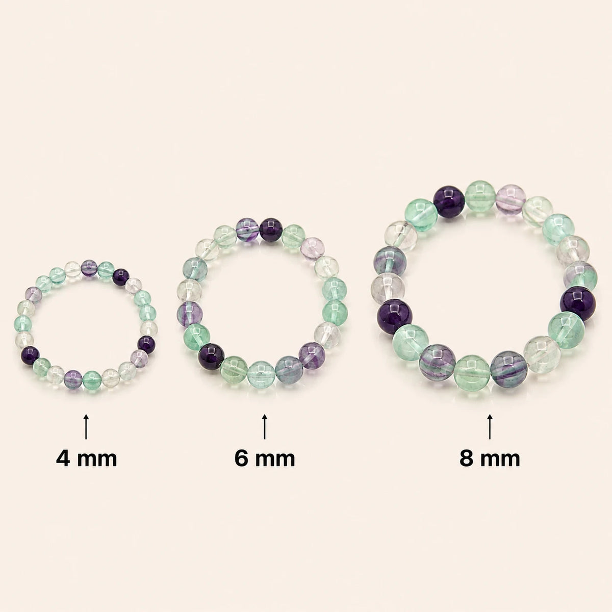 Fluorit Armband rund – Übersicht der Perlengrößen 4 mm, 6 mm und 8 mm