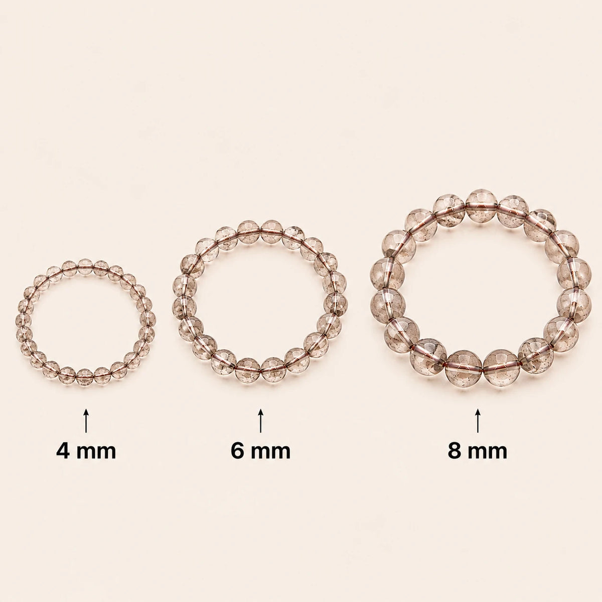 Rauchquarz Armband rund – Übersicht der Perlengrößen 4 mm, 6 mm und 8 mm