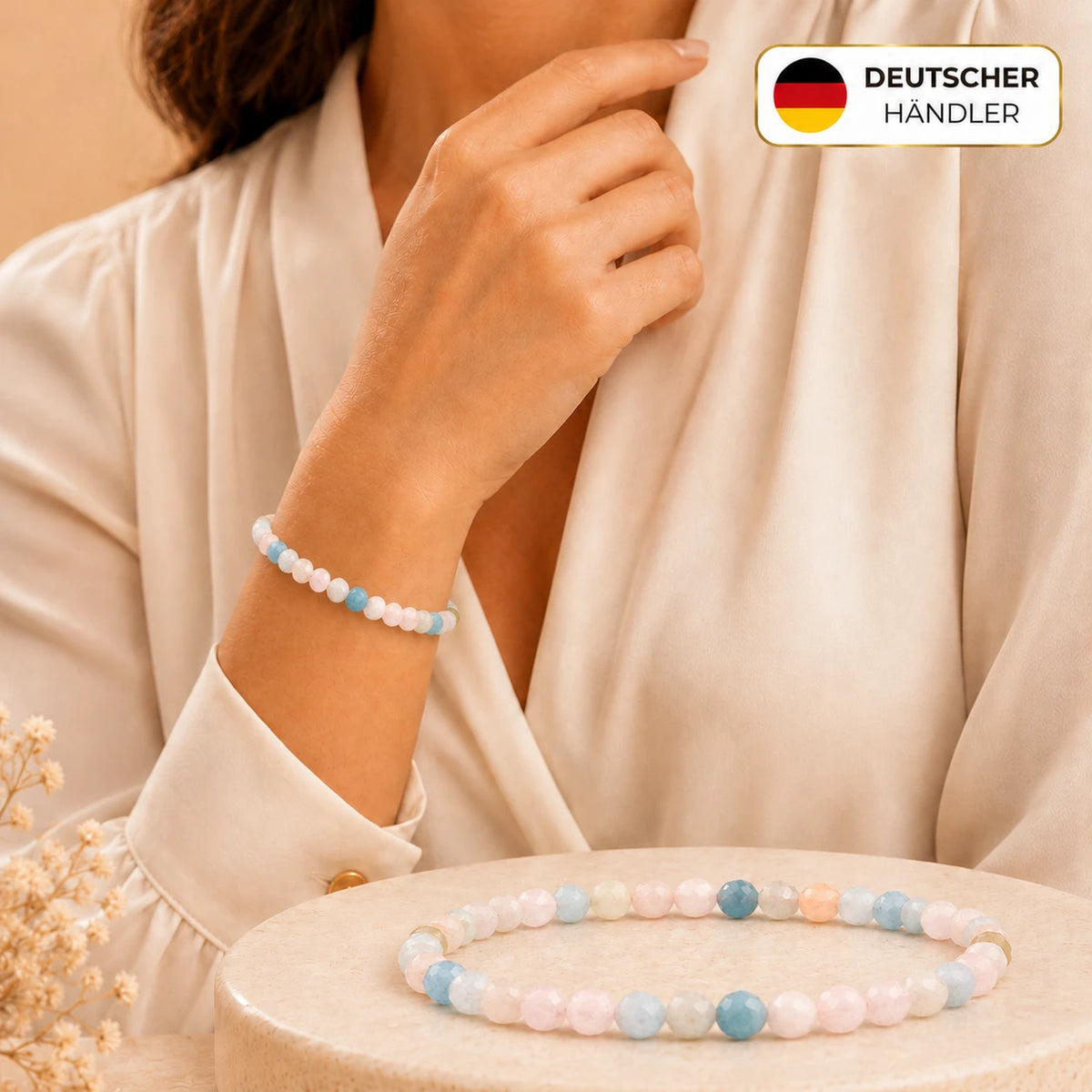 Beryll Armband facettiert – Tragebild und Detailansicht