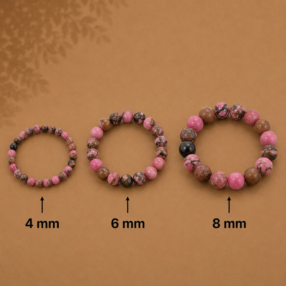 Rhodonit Armband rund – Übersicht der Perlengrößen 4 mm, 6 mm und 8 mm