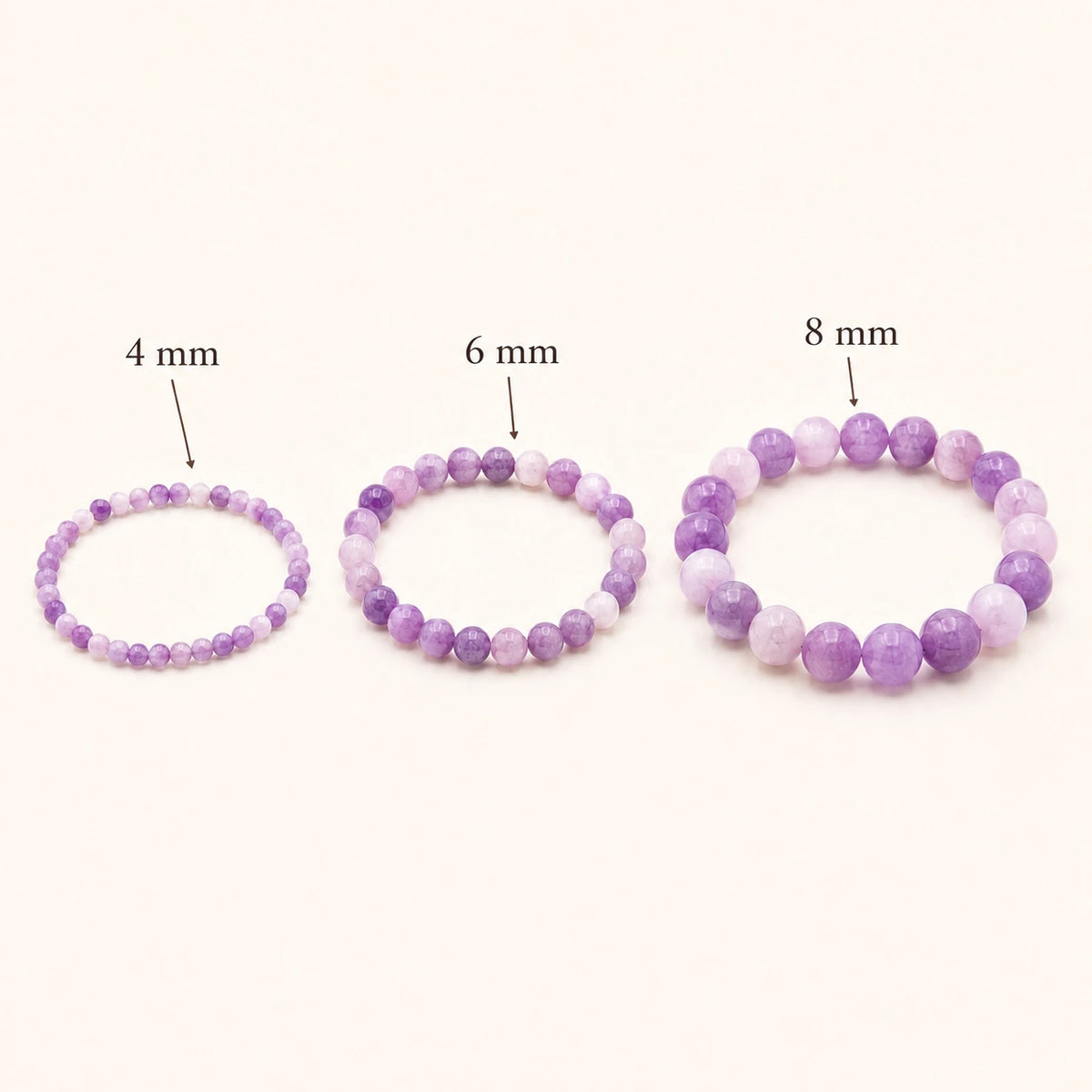 Lepidolith Armband rund – Übersicht der Perlengrößen 4 mm, 6 mm und 8 mm