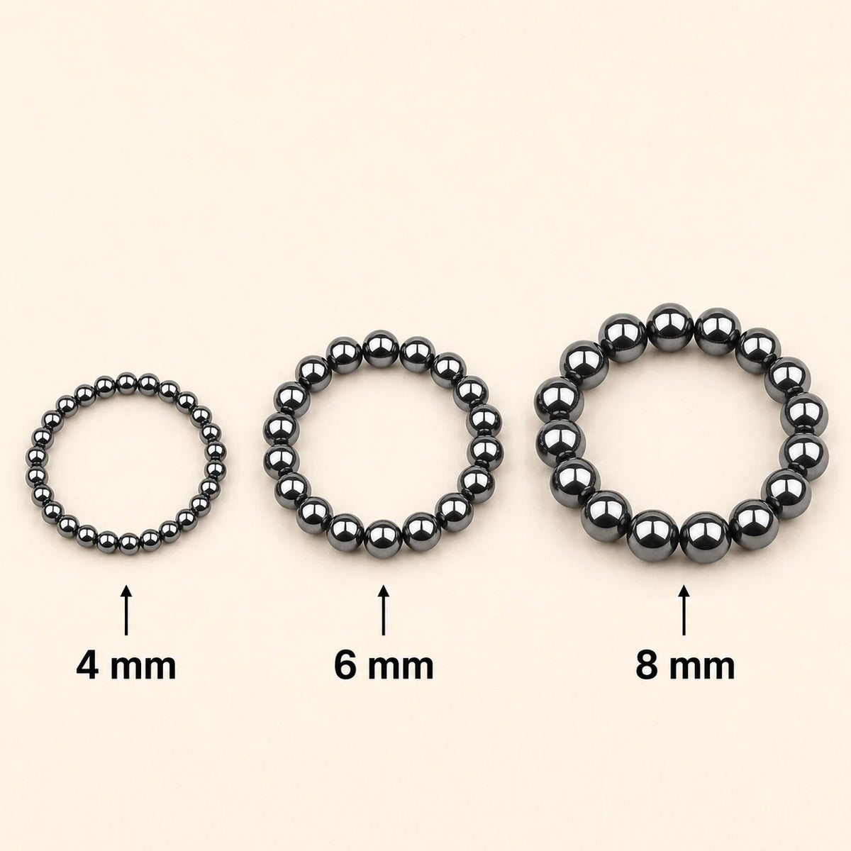 Hämatit Armband rund – Übersicht der Perlengrößen 4 mm, 6 mm und 8 mm