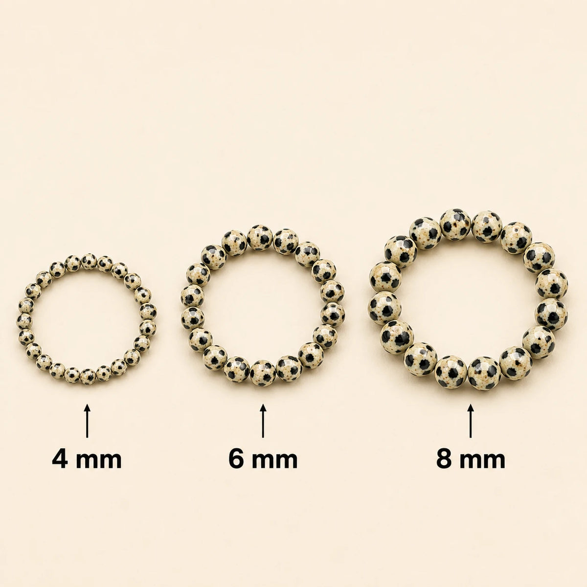 Dalmatinerjaspis Armband rund – Übersicht der Perlengrößen 4 mm, 6 mm und 8 mm