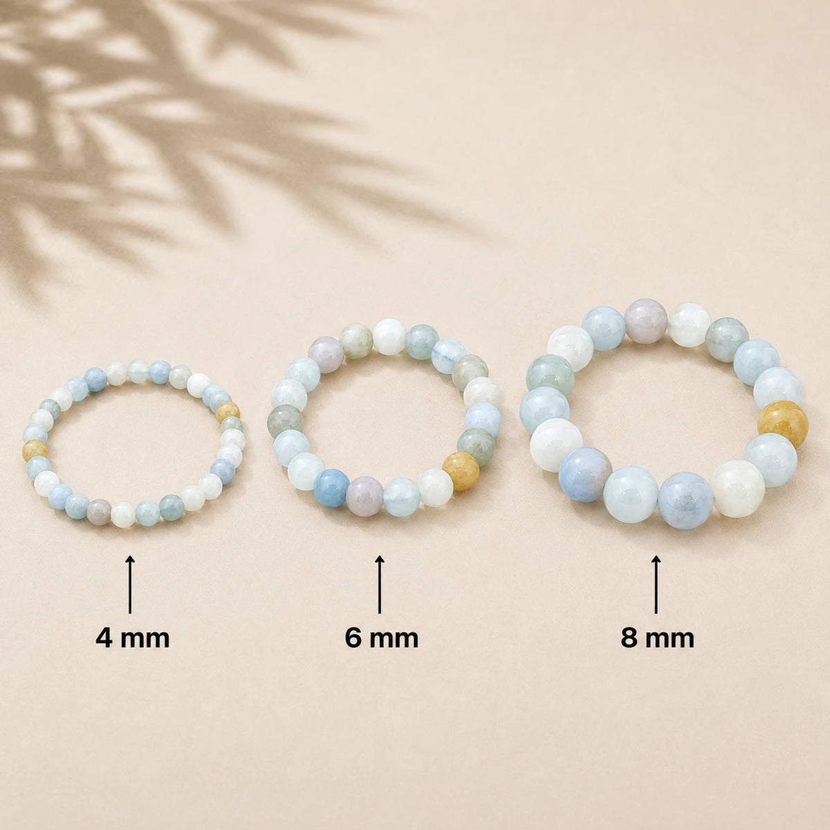 Aquamarin Armband rund – Übersicht der Perlengrößen 4 mm, 6 mm und 8 mm