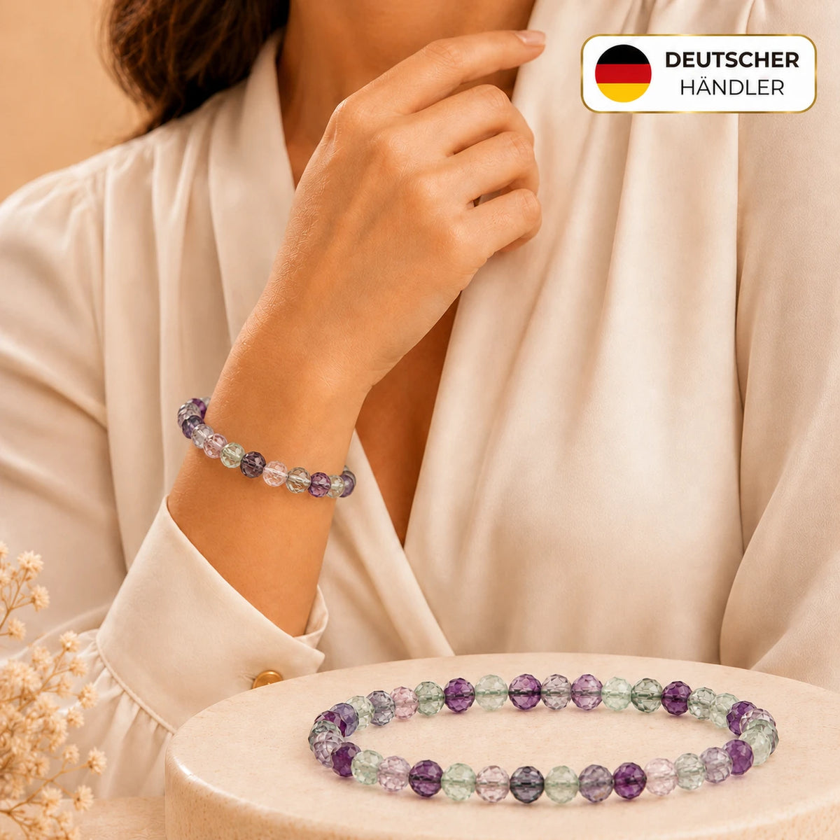 Fluorit Armband facettiert – Tragebild und Detailansicht