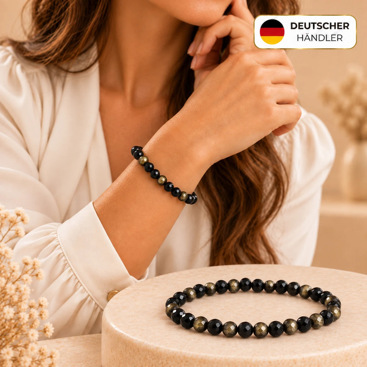 Goldobsidian Armband facettiert, 6 mm – Tragebild und Detailansicht