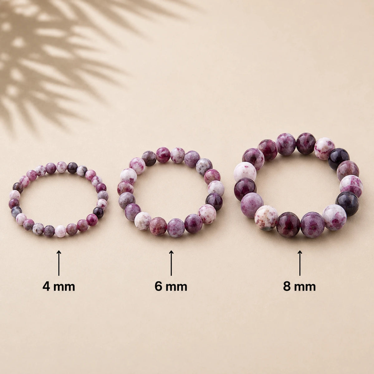 Roter Turmalin Armband rund – Übersicht der Perlengrößen 4 mm, 6 mm und 8 mm